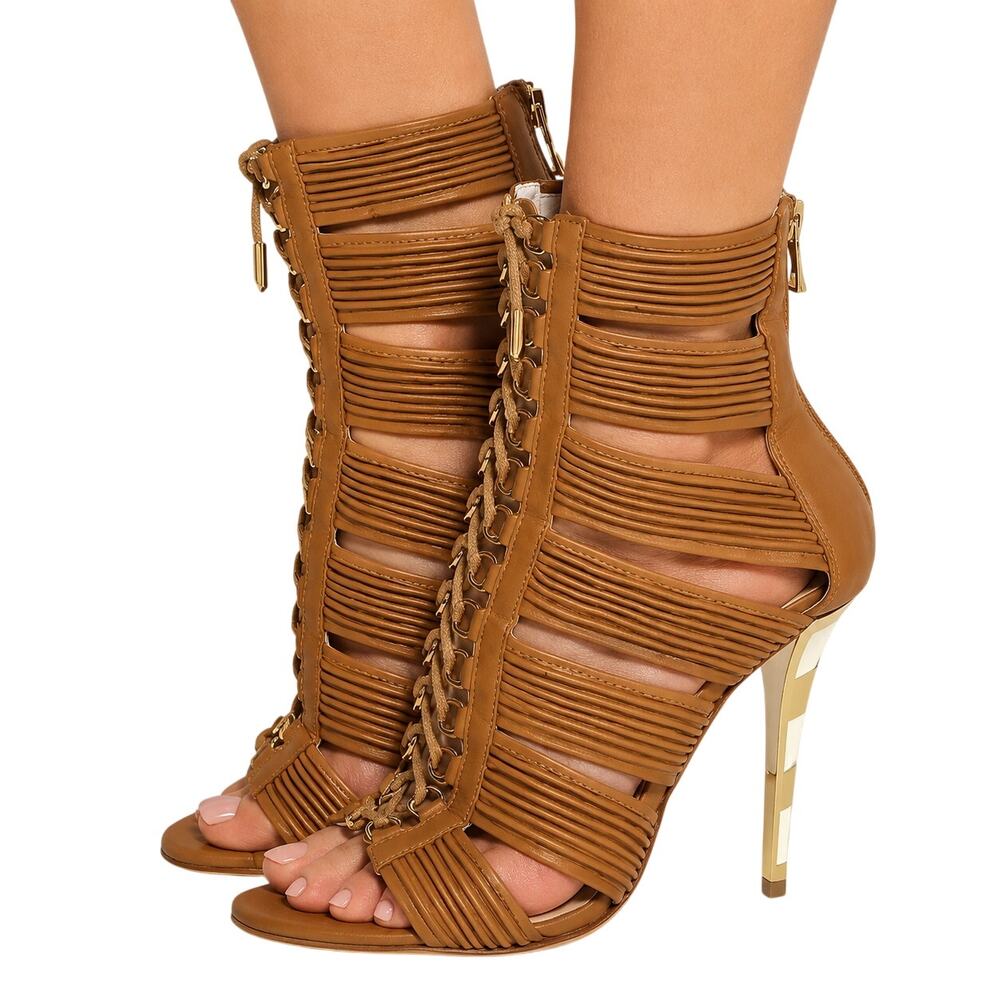 Balmain Hopi Brown Leather Lace Up Peep Toe Stiletto Sandals Women's EU 38.5